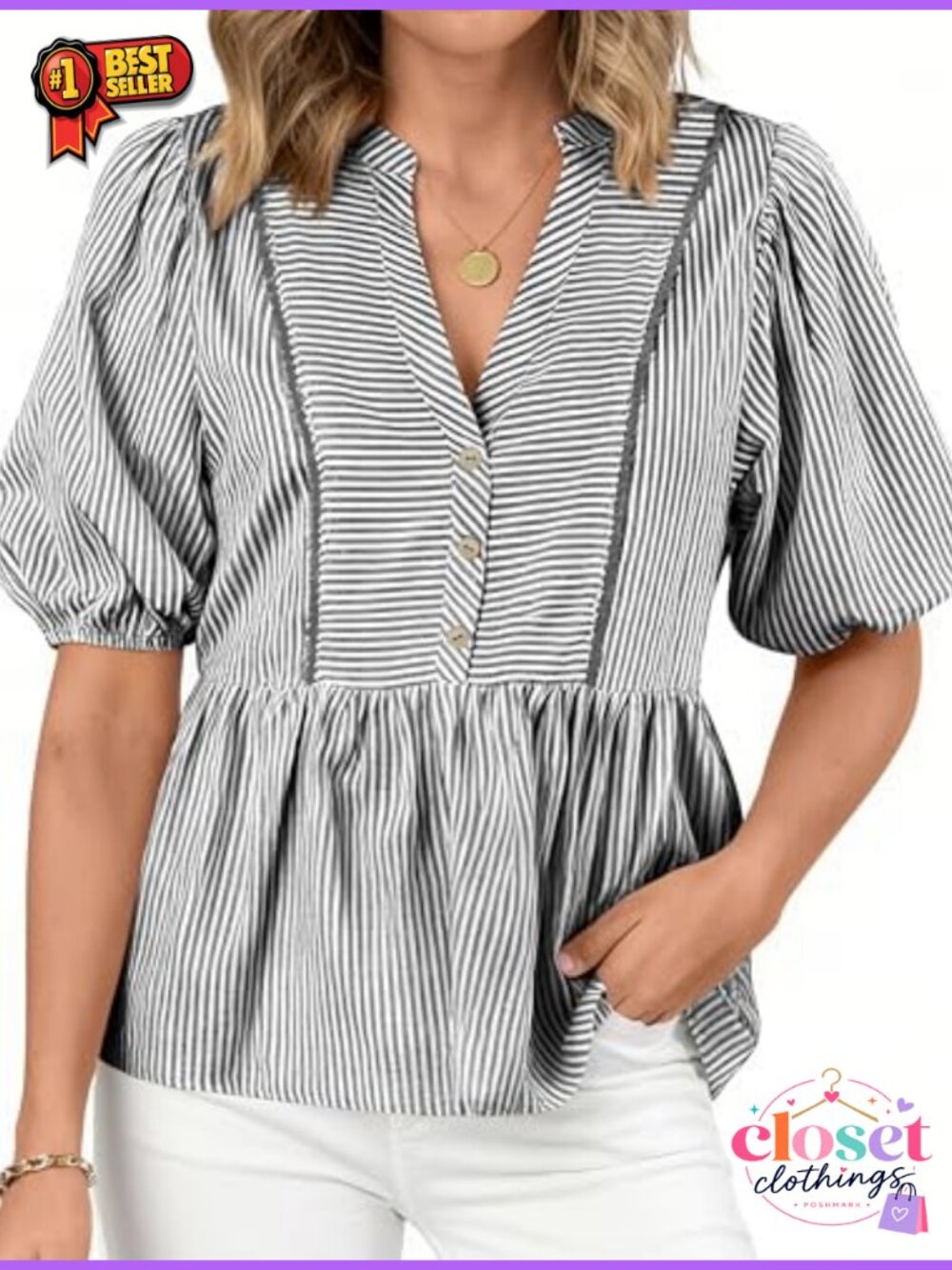 Lantern Sleeve Button Up Striped Babydoll Blouse Women